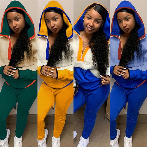 

women tracksuit berber fleece 2 piece set sports suit hooded sweater pants sweatsuit hoodies leggings outfits collar outwear clothesf102007, White