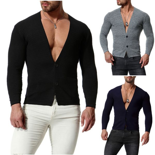 

men knitting coat fall warm loose elastic long sleeve deep v-collar breathable buttons thin section slim cardigan sweater, White;black
