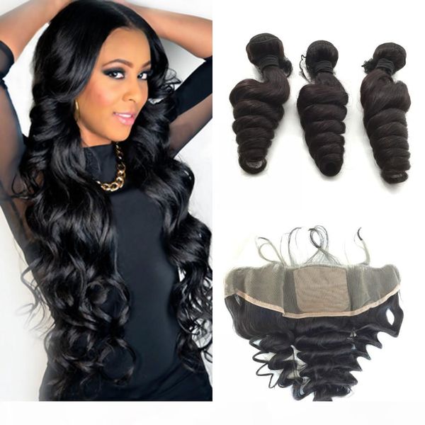 

brazilian loose wave silk base frontal with bundles 4pcs lot virgin hair weave with silk lace frontal closure, Black