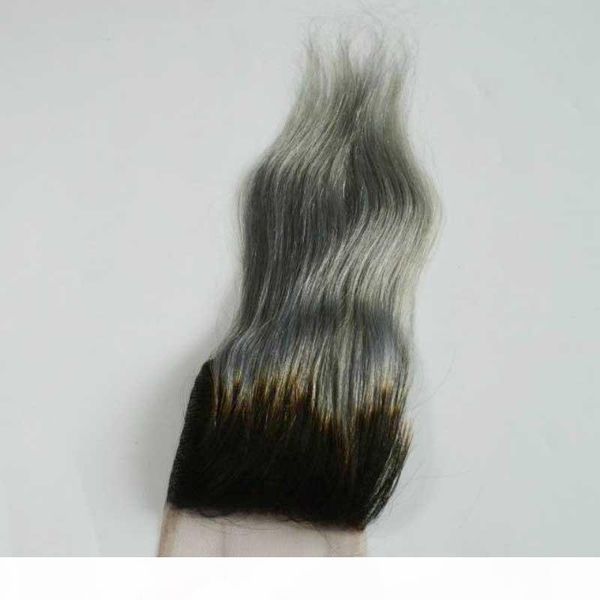 

4x4" silver grey ombre human lace closure 1b grey gray straight hair closure two tone ombre lace closure part, Black;brown