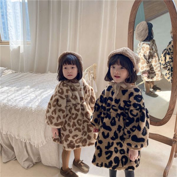 

tuangougu 2020 winter new korean children's leopard print plush thickened drs girl's fur pullover, Red;yellow
