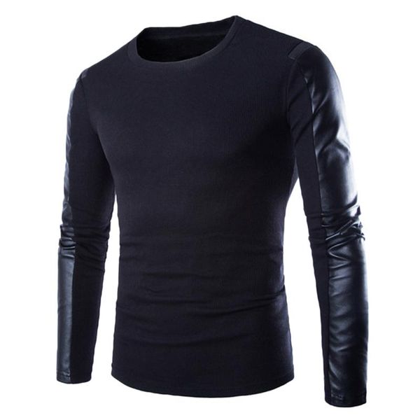 

brands new autumn winter men's sweater man o-neck jumpers long sleeve pu leather patchwork pullover male puls size, White;black