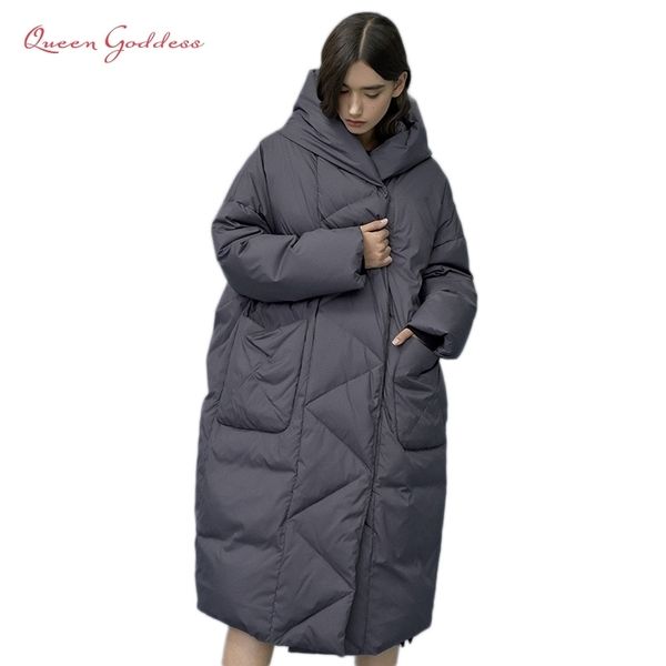 

winter and autumn outwear women white duck x-long down warm jacket in hooded fashion cocoon parkas plus size 7xl design 201029, Black