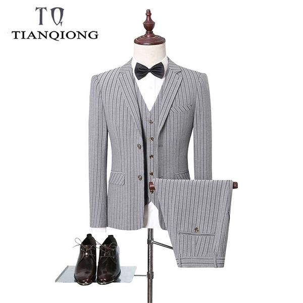 

( jacket + vest + pants ) men wedding suits striped slim suit 3 pieces handsome groom suit men single button party formal 201105, White;black