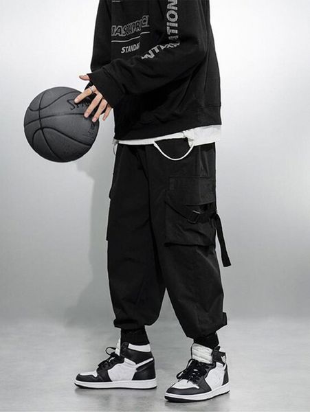 

men flap pocket ribbon cargo pants 43w1#, Black