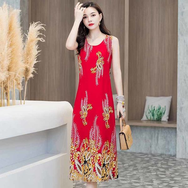 

2021 new summer floral long dress women beach dresses holiday wear sundress plus size cotton vintage dress vestidos sleeveless print zh68, Black;gray