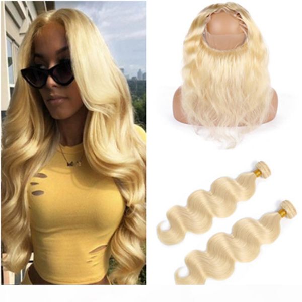 

613 blonde human hair 360 lace frontal with 2bundles bleach blonde brazilian body wave virgin hair weaves with 360 lace closure 22.5x4x2&quo, Black