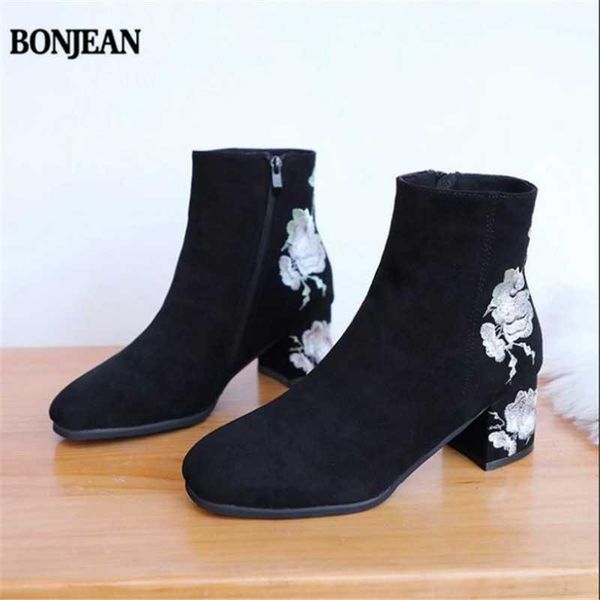 

bonjean boots women embroider high ankle shoes boots black flock round toe zipper red white flower shoes ladies short boot1