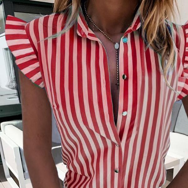 

calofe striped print v neck ruffle blouse shirt women 2021 summer butterfly sleeve casual shirts button office lady blouse, White