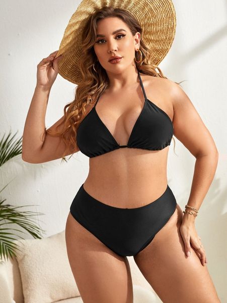 

plus solid triangle high waisted bikini swimsuit 76vm#, Black