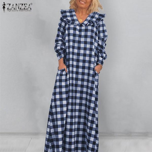 

women vintage maxi dress zanzea 2021 autumn casual plaid lace v-neck vestidos plus size female long sleeve side pockets sundress, Black;gray
