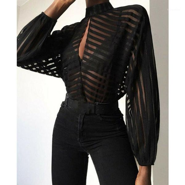 

new fashion women mesh sheer see-through long sleeve shirt blouse black1, White