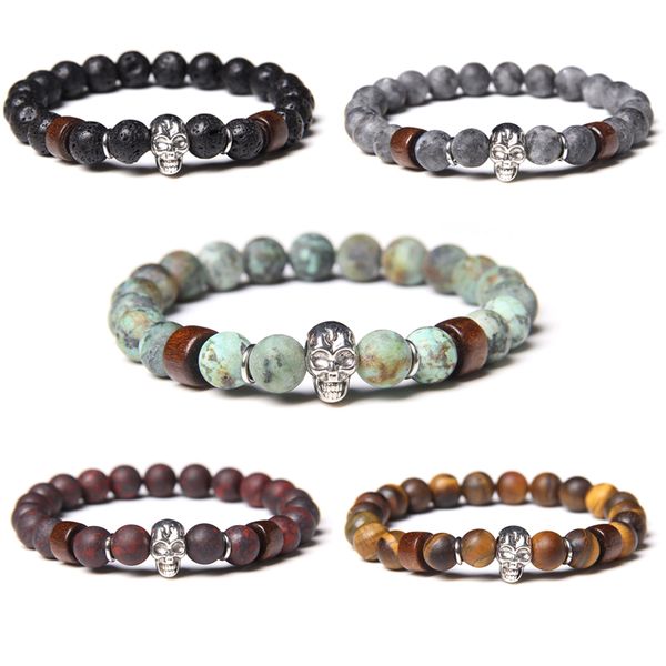 

silver color skull bracelets men vintage jewelry african turquois bangle 8 mm stone beads wooden tube women pulsera, Black
