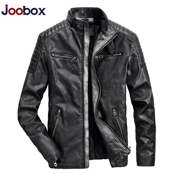 

joobox fashion winter leather jacket men stand collar motorcycle washed retro leather jacket thin european size mens coats 201026, Black