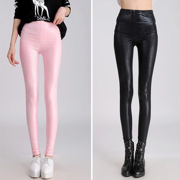 

women's leggings women girl high waist faux leather pencil pants elastic 2021 fashion lady snakeskin stretchy solid soft, Black
