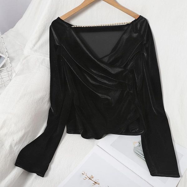 

slim clavicle blouse long-sleeved autumn soft comfortable shine fabric v-neck velvet women blusa female gx11761, White