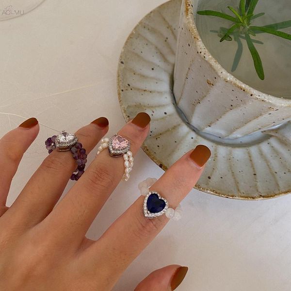 

new heart shaped multicolor zircon natural pearl crystal elastic adjustable ring for women fashion ring jewelry, Golden;silver