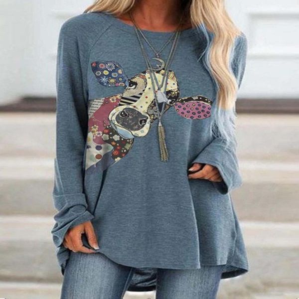 

t shirt women plus size women 3d printed o-neck t-shirt cow print pullvoer long sleeve shirt ropa mujer graphic t shirts, White