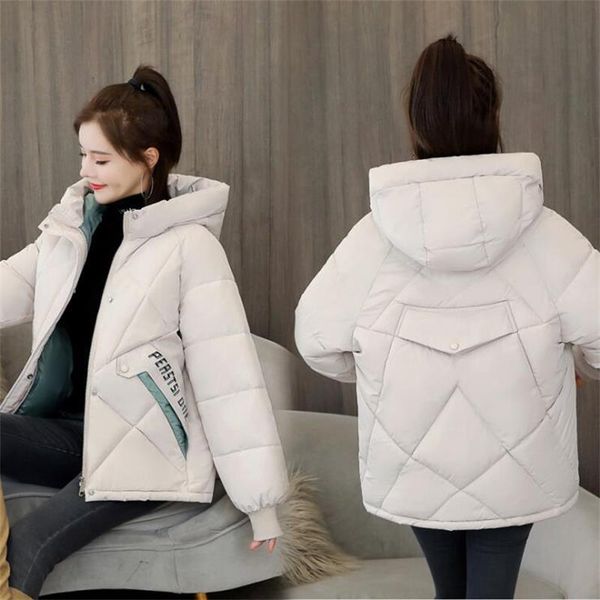 

2021 new jacket short female thick quilted clothes with hoodie letter parkas woman winter loose plus size 3xl coat buyj, Black