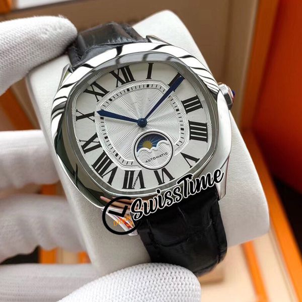 

new drive moon phase wsnm0017 wsnm0008 automatic mens watch white texture dial steel case black leather strap watches swisstime 5 color, Slivery;brown