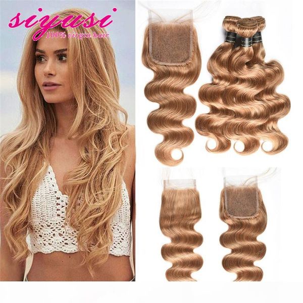 

malaysian body wave human hair 3 4 bundles with closure 100% 27# honey blonde unprocessed virgin hair extensions with body wave lace closure, Black;brown