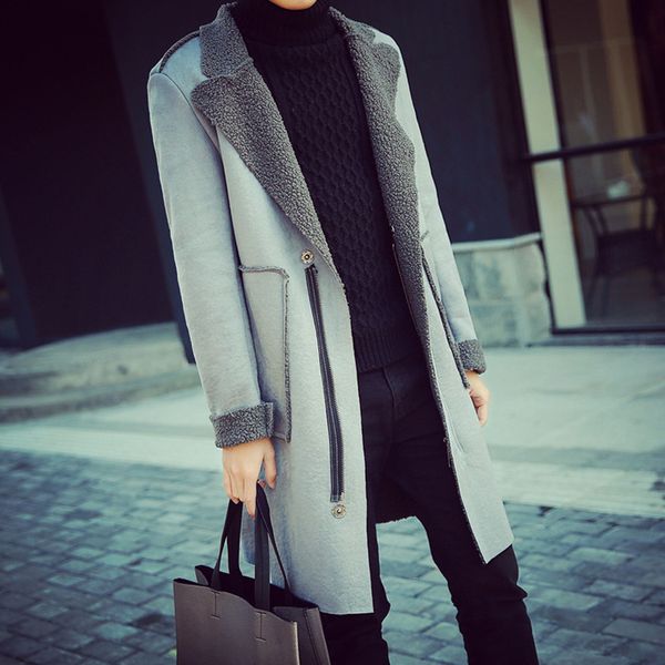 

men's mid long lamb suede windbreaker in winter, Tan;black