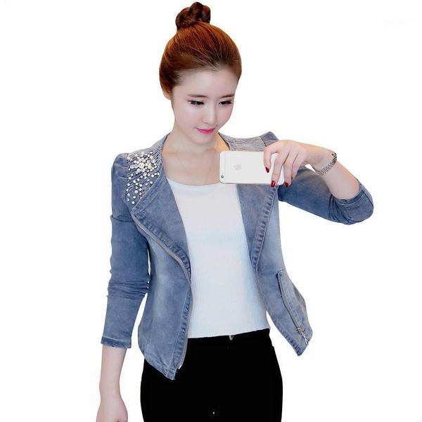 

women denim jacket 2019 spring new fashion short slim zipper long sleeve ladies bead jeans jacket basic coat casual denim coat1, Black;brown