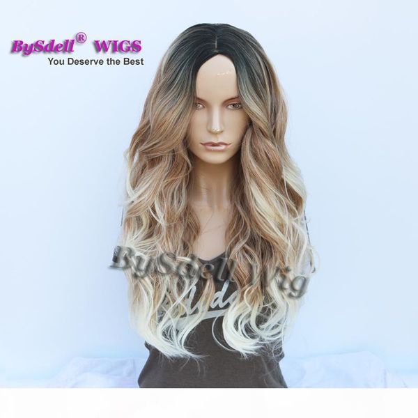 

premium natural ombre color wig kanekalon fiber hair wigs with black roots blonde tip 22" loose body wave african american wig