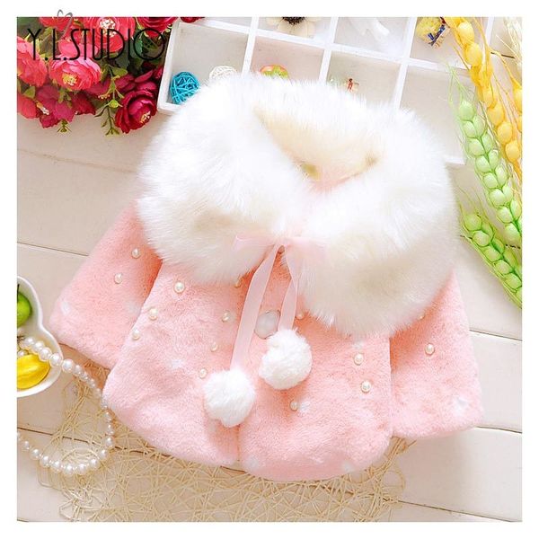 

2020 winter toddler girls cloak cape coat thicken warm faux fur coat cute dot ball bowknot baby outwear kids girl clothes 1029, Blue;gray