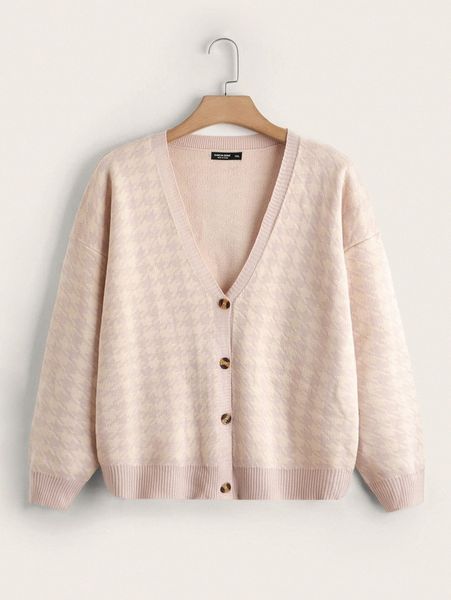 

plus houndstooth pattern drop shoulder cardigan f7w4#, Black