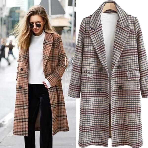 

women's 2020 autumn and winter large size long plaid woolen long coat woolen coats and jackets women fashion plus size trench, Black