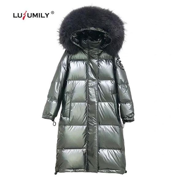 

lusumily big fur collar 2020 hooded winter women's jacket and coat long white duck down parkas female loose thick warm outwear, Black
