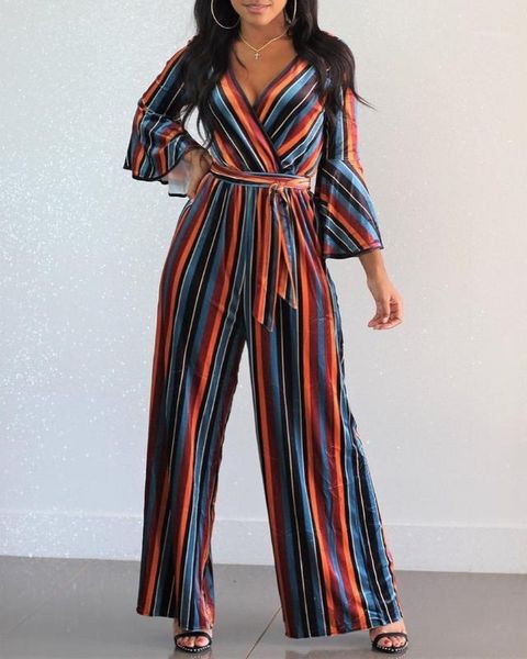 

vertical striped horn long sleeve wide leg loose women jumpsuit 2019 fashion streetwear v neck lace up empire casual lady l1, Black;white
