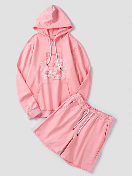 

men cartoon graphic kangaroo pocket drawstring hoodie & shorts 487r#, Gray