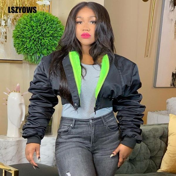 

fashion autumn winter bomber coats jackets 2021 women ruched long sleeve thin cropped jackets zipper casual female short outwear, Black;brown