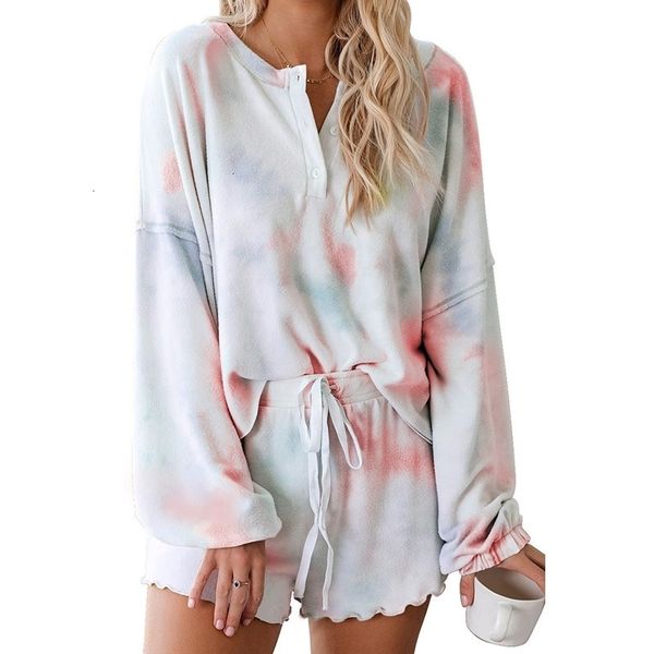 

2021 new tie-dye women's pajamas will see 's comfortable breathable long wooden sleeve ear side suit two ladies'garments 1opu, Black;red
