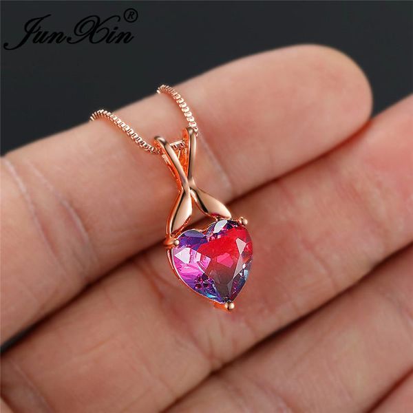 

unique rainbow fire crystal stone love heart pendant clavicle necklaces for women rose gold chain valentine day wedding necklace, Silver