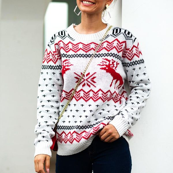 

fawn print knitted sweater women casual loose o neck pullover long sleeve jumper warm female autumn winter christmas sweater, White;black