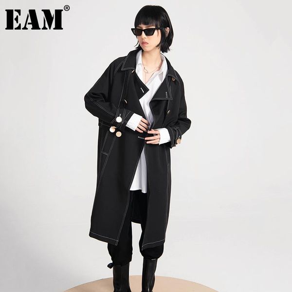 

[eam] women black line split big size long trench new lapel long sleeve loose fit windbreaker fashion spring autumn 2020 1da7170, Tan;black