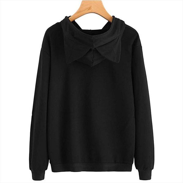 

womens cat ear solid long sleeve hoodie sweatshirt special casual cool chic print cute hooded pullover blouse, Black