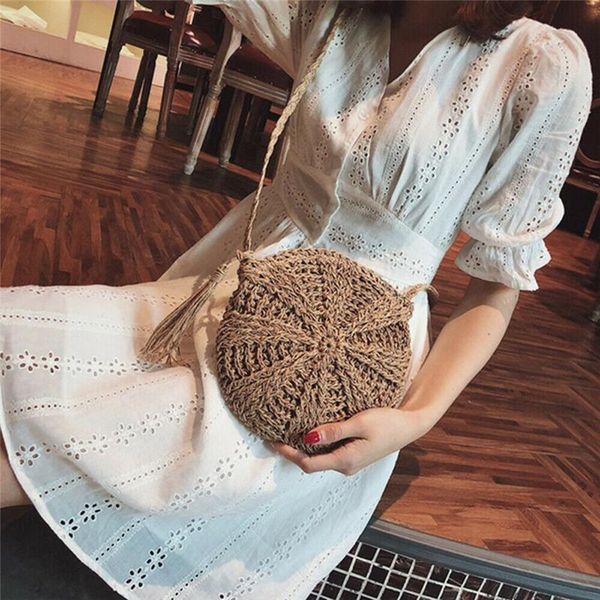 

woven bag round straw shoulder bag small beach handbags women summer hollow handmade messenger crossbody bags