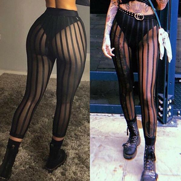 

ladies women mesh sheer see through striped leggings pants high waist bodycon black slim legging pants trousers