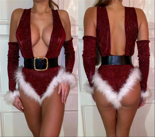 

2020 women christmas bodysuit fashion red party festival long sleeve deep v neck backless bodysuit, Black;white