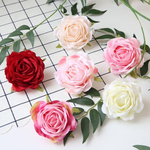 

20/100 fake rose heads wholesale artificial flower simulation roses 9cm for crafts bridal bouquet wedding home decoration