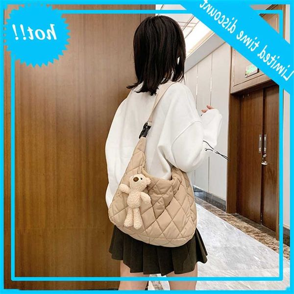 

winter shoulder bags for women fashion space catoon crossbody bag female large capacity lady down hobo tas with bear pendant