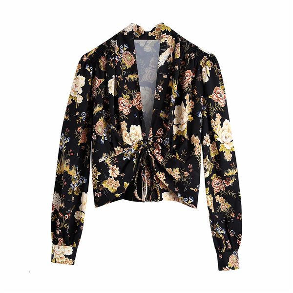 

2021 new do vintage camisas de impresso floral moda senhoras com decote em v drapeado streetwear feminino boho camisa 7ol2, White