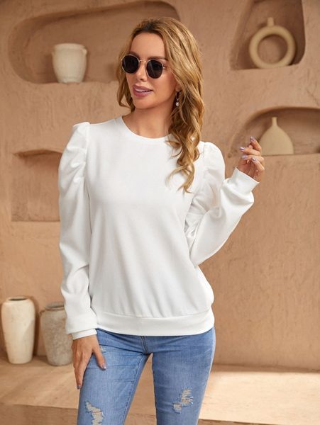 

solid puff sleeve pullover 16yq#, White;black