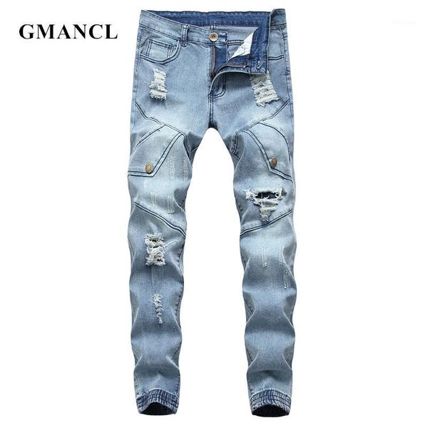 

men's jeans fashion men vintage ripped motorcycle knee pleated biker distressed skinny hip hop joggers denim pants plus size 401, Blue