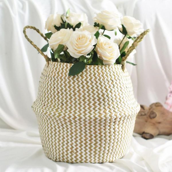 

foldable storage basket seagrass belly basket handles laundry storage tote home toy sundries clothes container plants pot