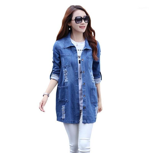 

women's jackets spring and autumn large code women's denim coat korean edition loose show thin medium long windbreaker hole1, Black;brown